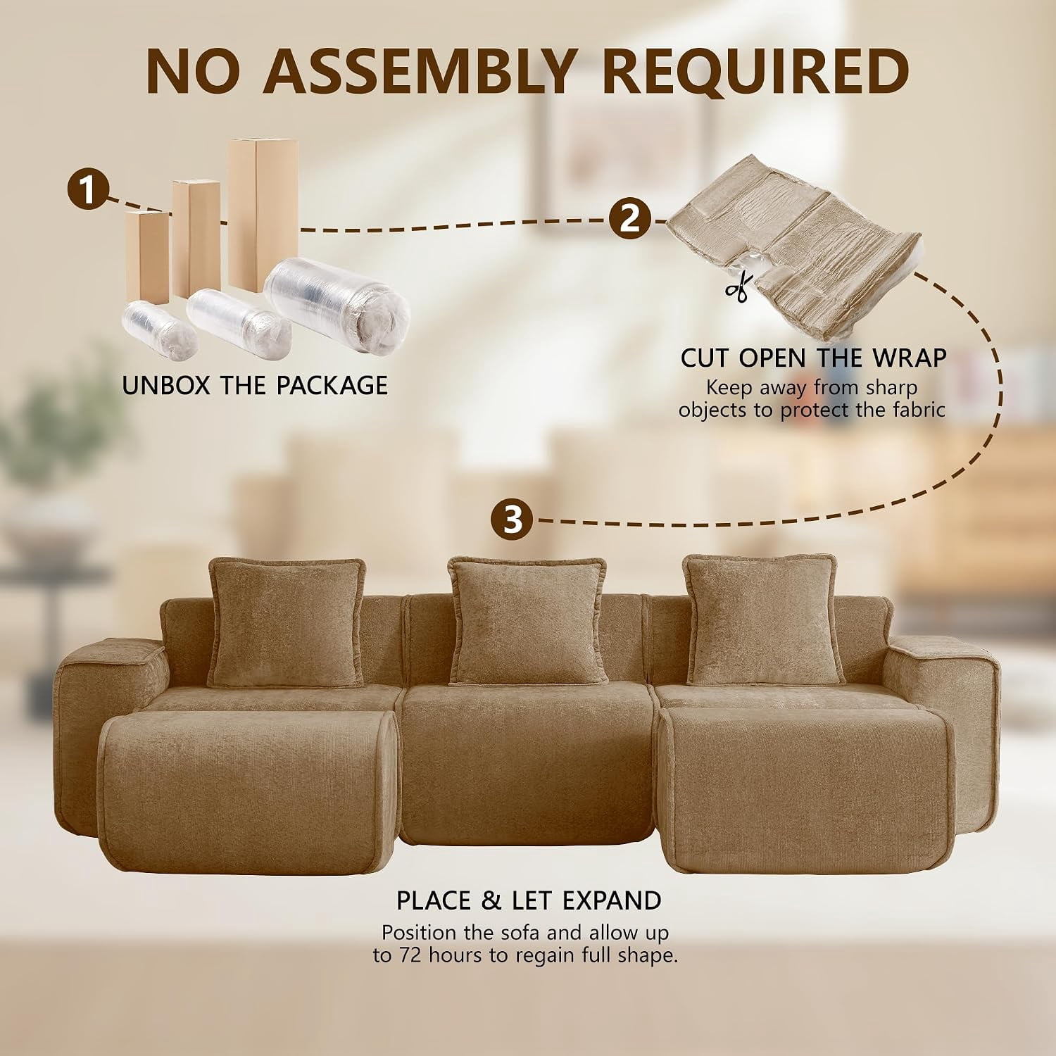 109" 3-Seat Modular U-Shaped Sectional Sofa, Brown Velvet with 2 Movable Ottomans & Throw Pillows, No Assembly Required
