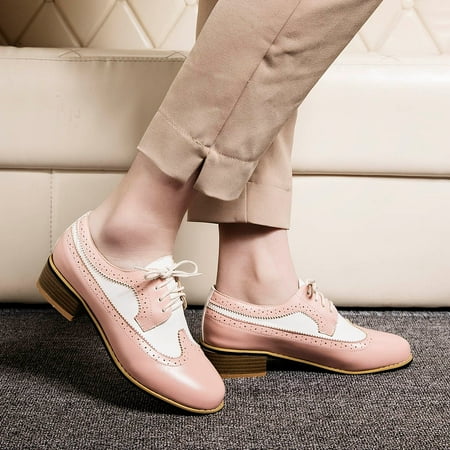 

YOTAMI Womens Boots Women s Vintage British Style Single Shoes Carved Thick Heel Small Shoes Pink