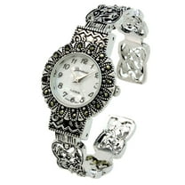 Silver Black Vintage Style Marcasite Round Face Bangle Cuff Watch for Women