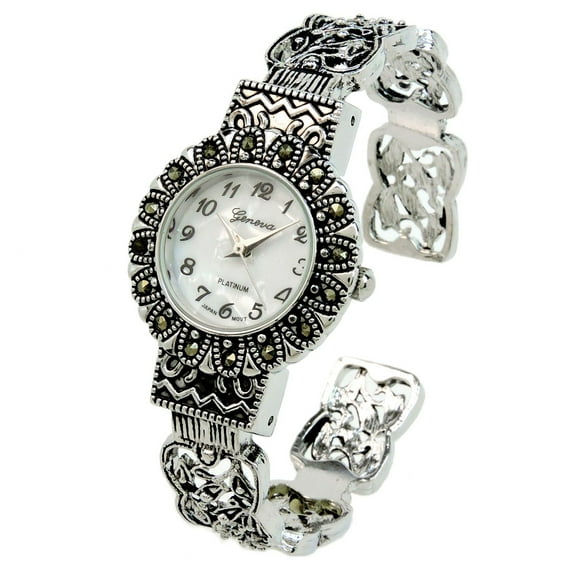 Silver Black Vintage Style Marcasite Round Face Bangle Cuff Watch for Women