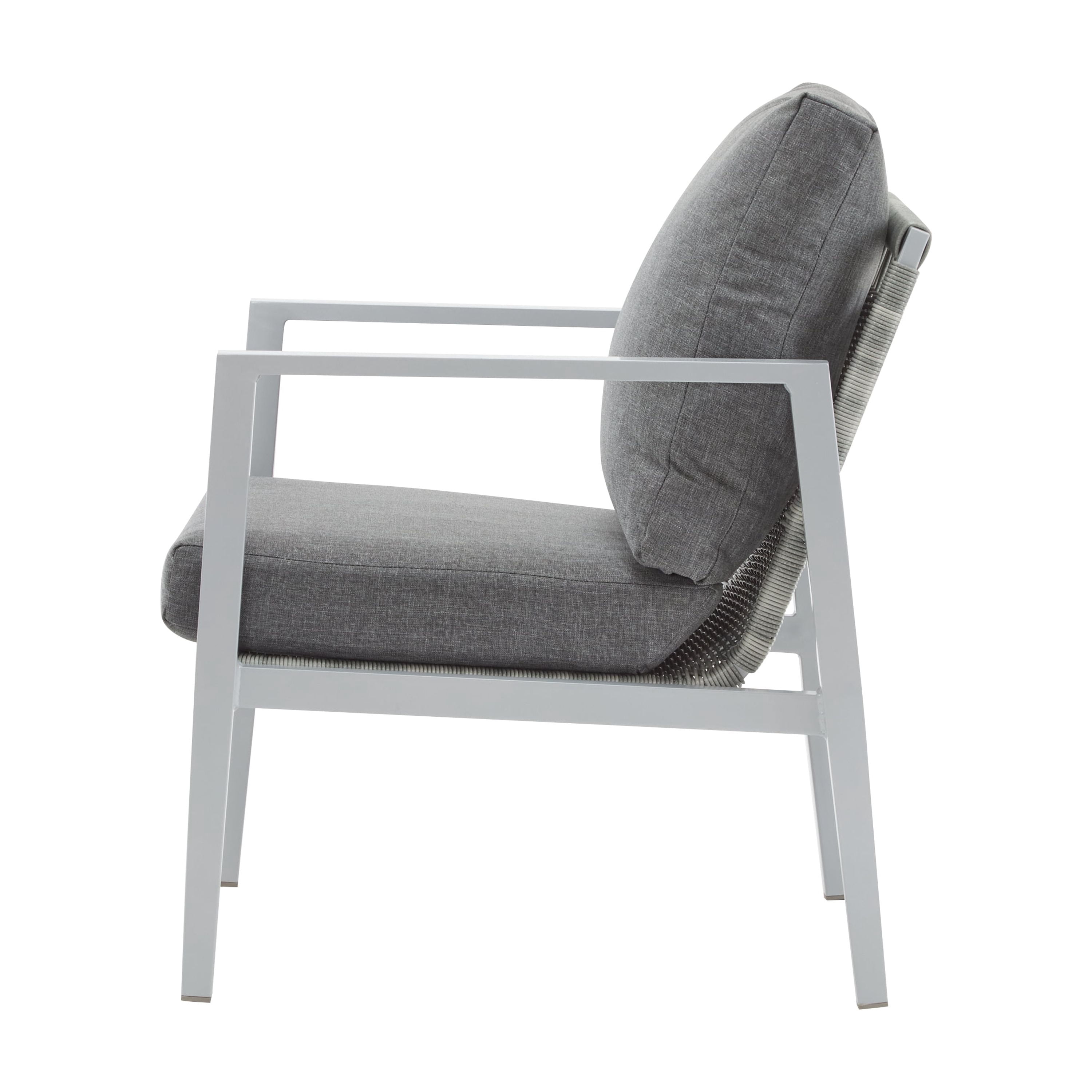 Accent Lounge Chair, Silver Aluminum Chair with Sleek Rope Details and Comfort Cushions for Patio, Silver and White