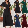 thumbnail image 1 of Gspmoly Robes d'Été pour Femmes, Mode d'Été pour Femmes Robe Bohème à Manches Courtes, Col en V, Taille Haute, Manches Longues Courtes, Robes Habillées pour Femmes Économies, 1 of 4