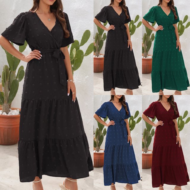 Gspmoly Robes d'Été pour Femmes, Mode d'Été pour Femmes Robe Bohème à Manches Courtes, Col en V, Taille Haute, Manches Longues Courtes, Robes Habillées pour Femmes Économies