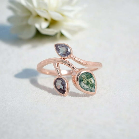 JEWELRYTREASURE 4x2 MM / 1.7 Ct Leaf Branch Moss Agate Wedding Ring Color Changing Alexandrite Gemstone Ring Solid Rose Gold Jewelry Crystal Healing Birthday Present