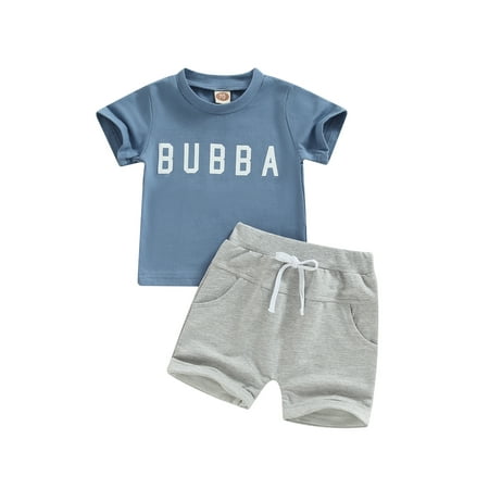 

Genuiskids Baby Boy Summer Clothes infant Letter Print Short Sleeve T-Shirt Top with Elastic Waist Shorts Toddler 2Pcs Outfits