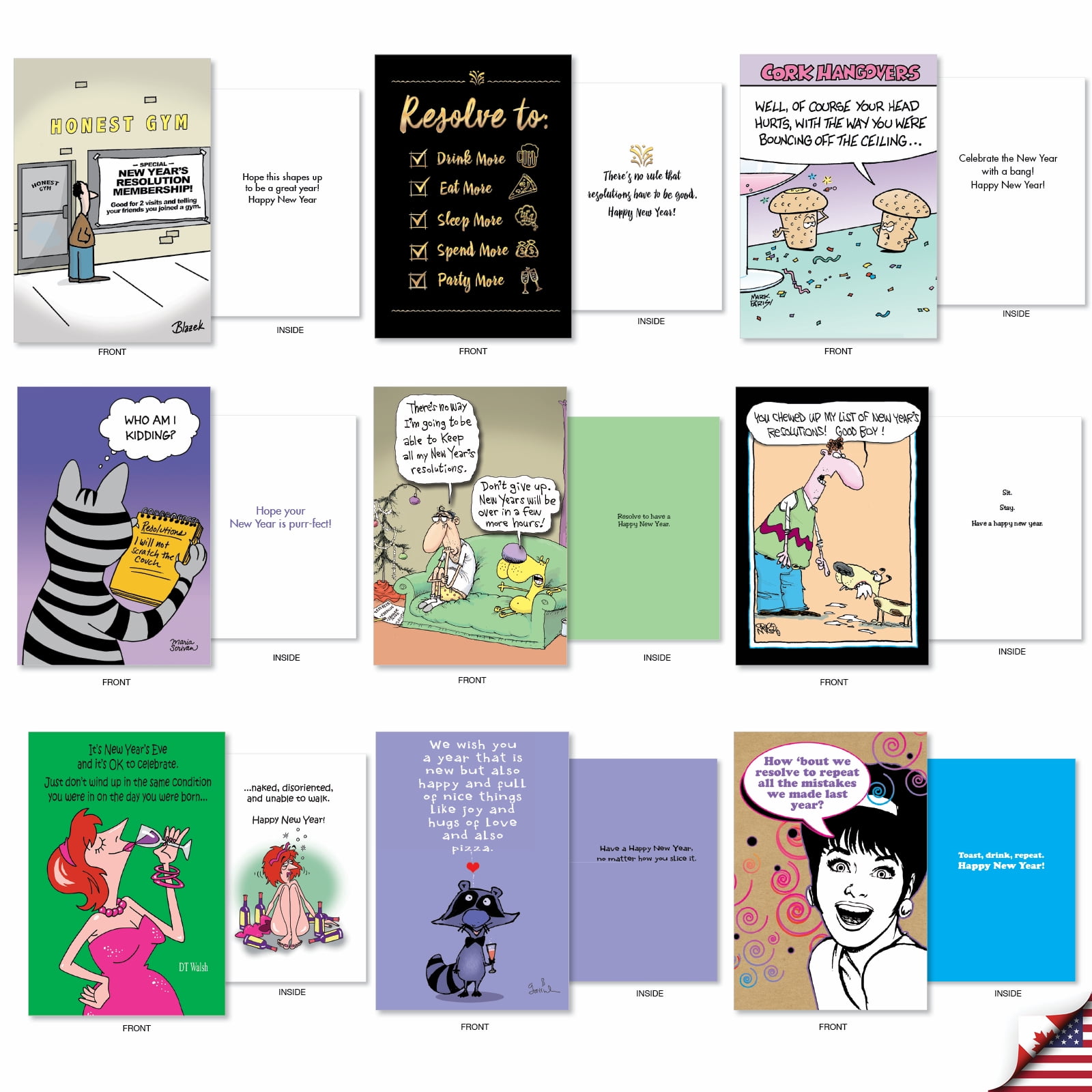 36 Assorted Set Hysterical New Year Greeting Cards - New Year Laughs - Funny Illustrations with Various Characters and Themes