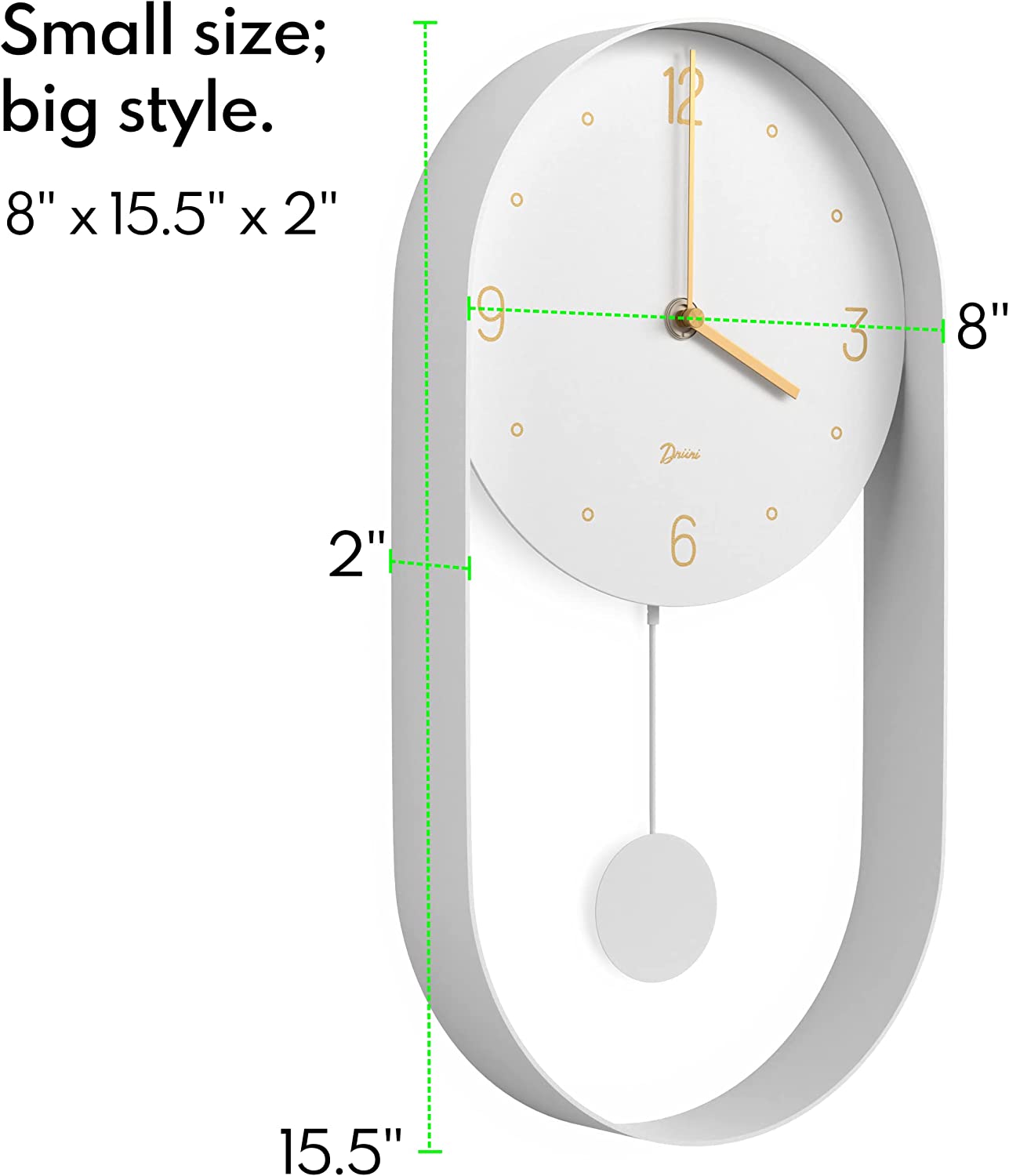 Driini Modern Pendulum Wall Clock - Decorative and Unique Metal Frame, with 8 Inch Face - Contemporary, Minimalist Design, with Silent Non Ticking Operation - Includes Both White and Gold Pendelum