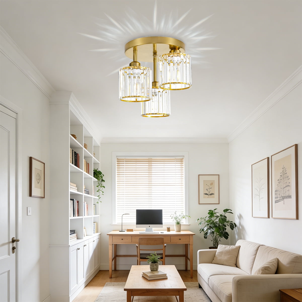 Crystal Semi Flush Mount Ceiling Light, 3-Light Close to Ceiling Light Fixtures, Modern Light Fixtures with Clear Crystal Shade, for Hallway Foyer Entryway Bedroom Kitchen, Gold