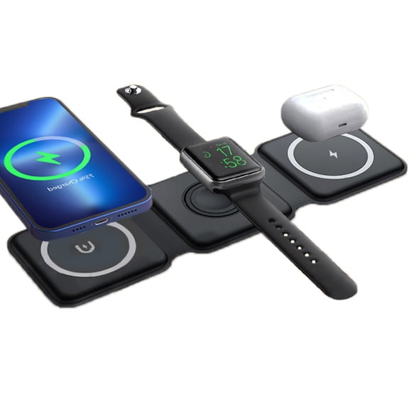 MotionGrey Magnetic Wireless Charge Pad Station - Black, 3 in 1 Wireless Foldable Charger for iPhone, AirPods, Apple Watch, Phone