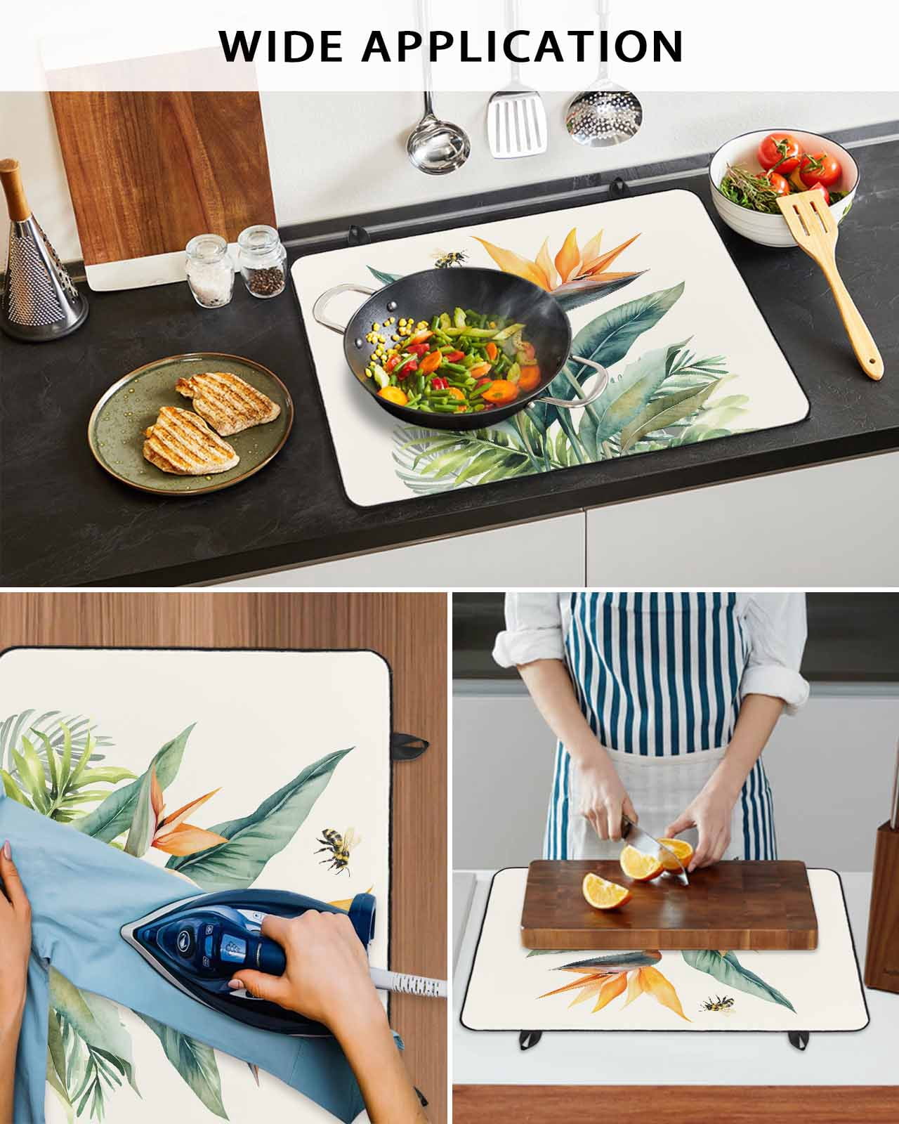nqOlkjepod Large Induction Cooktop Protector Mat 36"x21", Green Palm Leaf Stove Top Covers for Electric Stove, Summer Bee Tropical Plant Pastoral Stove Burner Cover Mats, Glass Top Stove Cover
