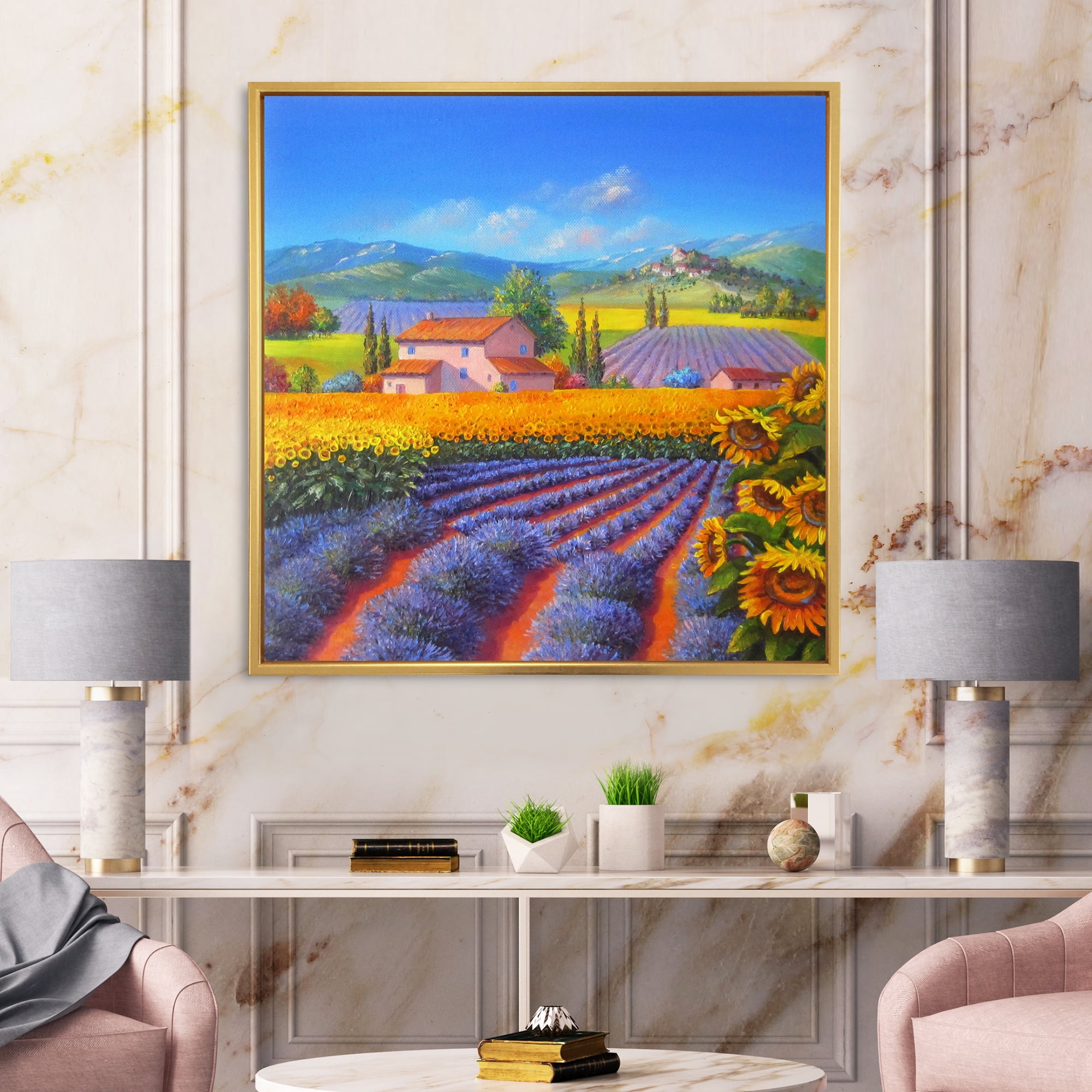 Designart 'Sunflower and Lavender Fields' Traditional Framed Canvas Wall Art Print