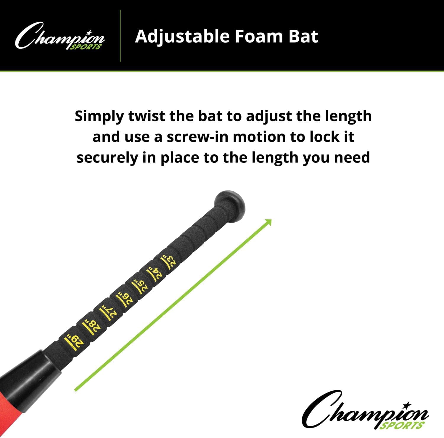 Champion Sports Adjustable Foam Bat with Easy Twist and Lock Length Adjustment - Easy Durable Plastic Handle with Screw-in Motion - Range - 21" to 29" Length