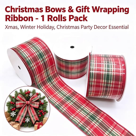Red‑Green Tartan Plaid Wired Edge Ribbon, Christmas Holiday Fabric Ribbon, 2.5 Inch x 10 Yard, Xmas Bow Gift Wreath Gift Wrapping Decor