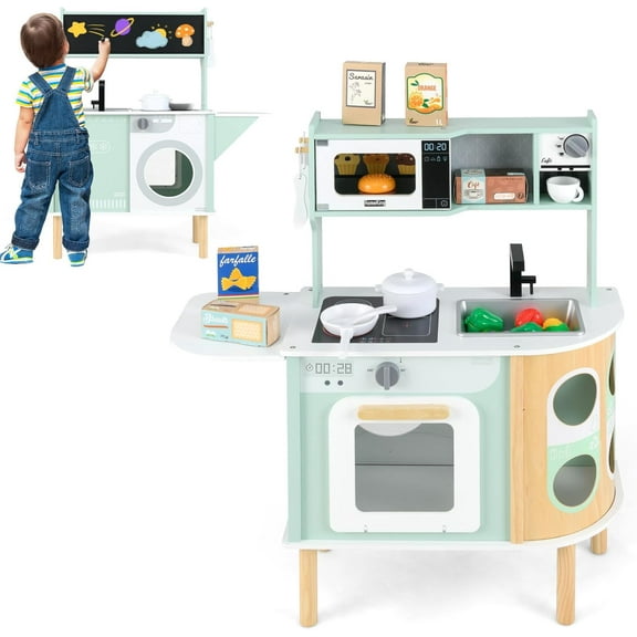 INFANS Kids Kitchen Playset, Toddler Wooden Pretend Cooking Set with Stove Microwave Dustbin Storage Cabinet, Play Kitchen Toy Set with Toy Food Cookware Accessories for Children Boys Girls