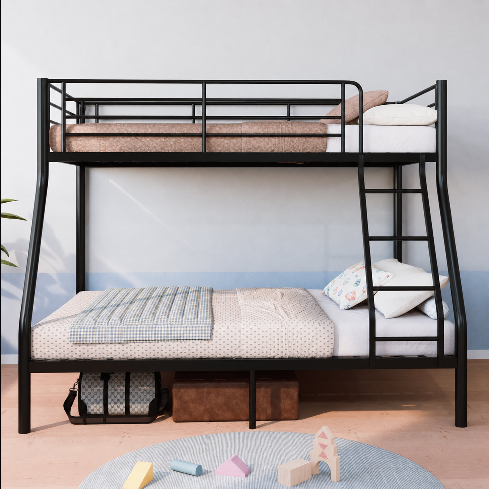 Bunk Beds Twin Over Full Size, Heavy-Duty Metal Frame with 990 lbs Bottom Capacity, High Guardrails,Noise-Free Slats, No Box Spring Needed, 1-Box Easy Assembly for Kids Teens Adults,Black