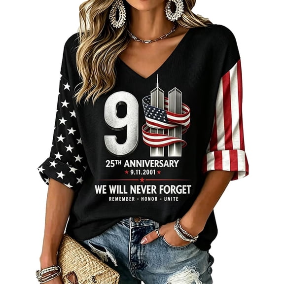 Womens 9/11 25th Anniversary T Shirt | We Will Never Forget Memorial Tee, V Neck 3/4 Sleeve Loose Fit Top with Patriotic Letter Print, Casual Commemorative Apparel 2XL