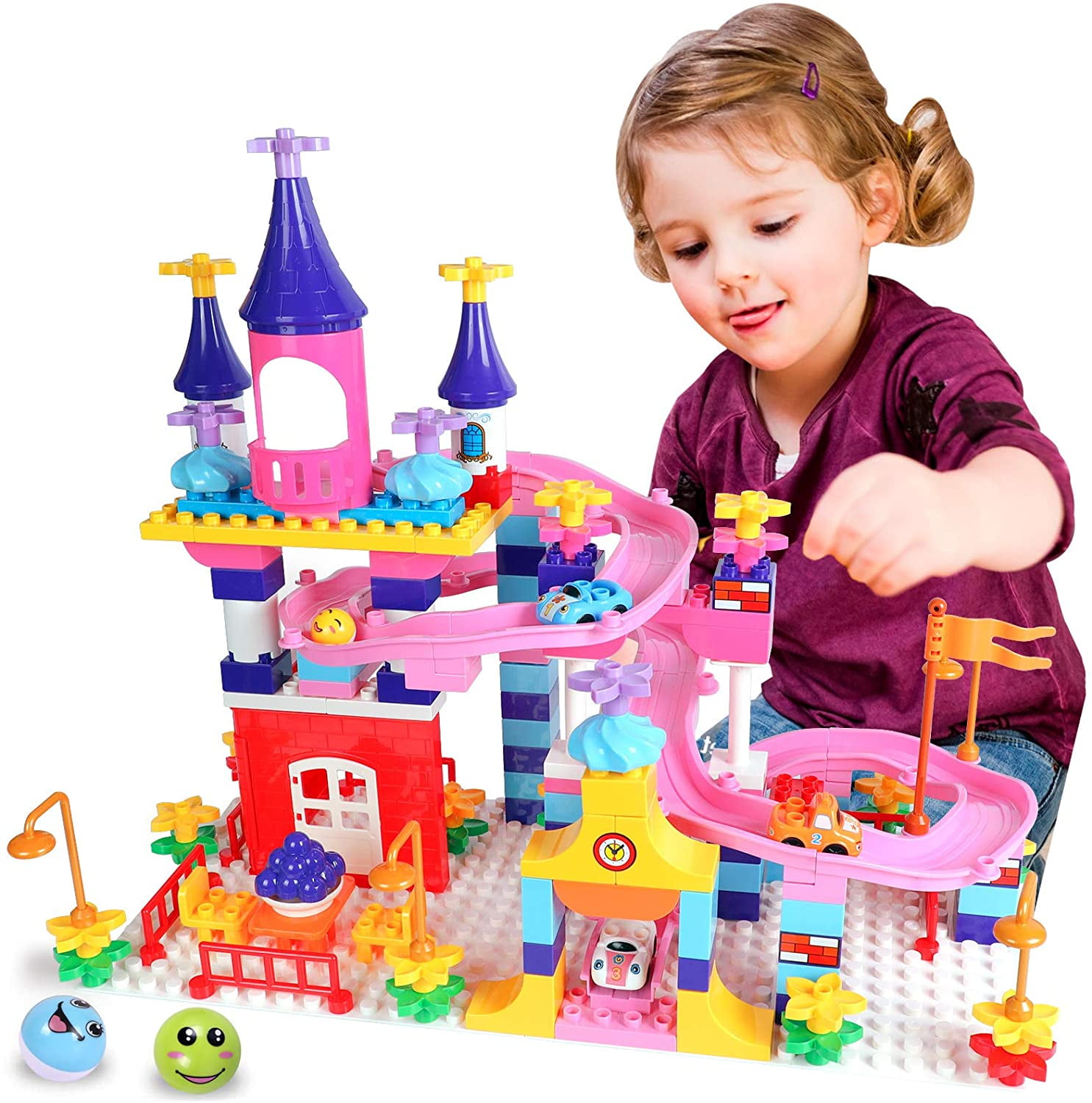 COUOMOXA Marble Run Building Blocks Classic Big Blocks STEM Toy Bricks Set  Kids Race Track Compatible with All Major Brands 110 PCS Various Track  Models for Boys Girls Aged 3,4,5,6,8 (Upgrade 2