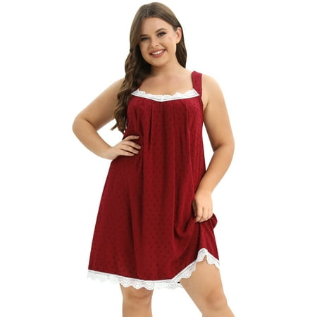Women s Plus Size Chemise Nightgown Swiss Dot Sleeveless Tank Nightshirt Sleepwear Full Slip Lace Square Neck Nightwear Soft Lingerie  XL-4XL