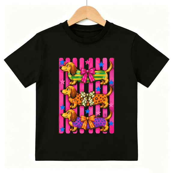 Colorful Dachshund Dogs with Bows Graphic Short Sleeve Crewneck Cotton Kids T-Shirt