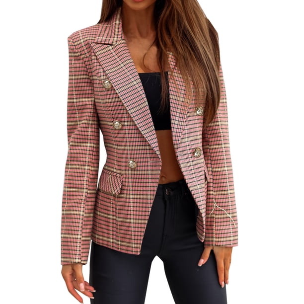 Chaqueta de rayas fina informal de peso ligero para mujer, abrigo ajustado, chaqueta de manga larga, abrigos con estampado a cuadros para oficina y negocios, chaqueta,blazer moda(Rosa, S)