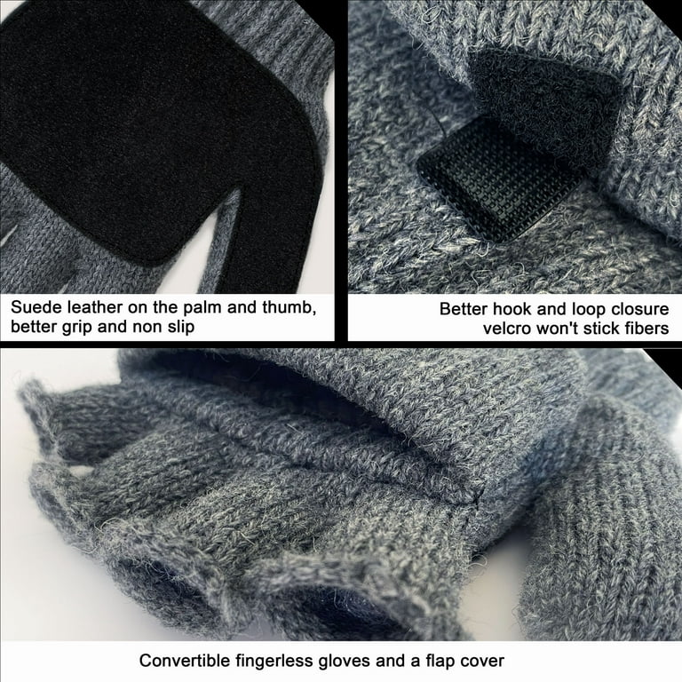 Evridwear Fingerless Winter Gloves Convertible, Knitted Wool Flip-Top Mittens, Anti-Slip Suede Leather, unisex