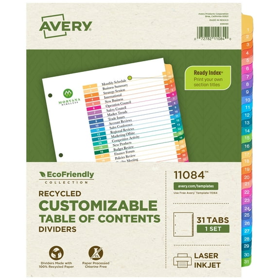 Avery EcoFriendly Recycled 1-31 Dividers, 31 Tabs (11084)