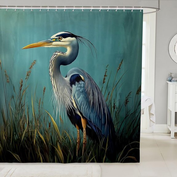 Blue Heron Shower Curtain Teal Watercolor Bird Fabric Bath Curtain with Hooks 71x71 inches