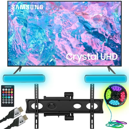 Samsung UN58CU7000 58 inch Crystal UHD 4K Smart TV (2023) Bundle with Monster TV Full Motion Wall Mount for 32"-70" with 6 Piece Sound Reactive Lighting Kit