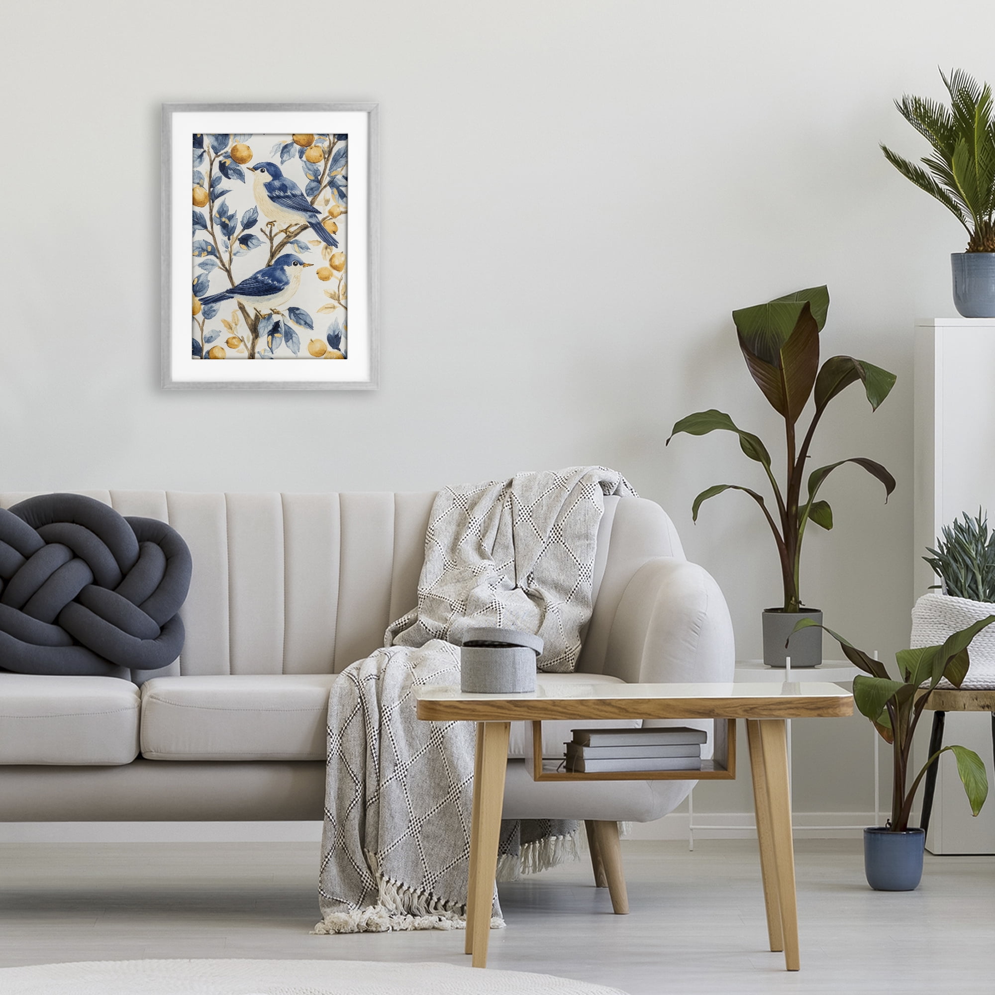 Stupell Industries Sweet Blue Birds on Lemon Branch Gray Framed Print Under Glass, design by Petal Prints Design