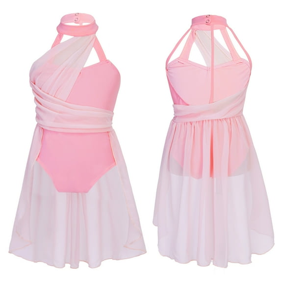 YONGHS Kids Girls Lyrical Chiffon Ballet Dance Dress Mock Neck Gymnastic Leotard 6-16 Pink 6