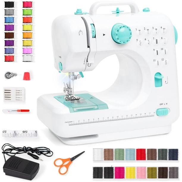 Best Choice Products Máquina de coser compacta Kit para principiantes de 42 piezas Máquina de coser portátil multifuncional para principiantes de 6 V con 12 patrones de puntada Cajón de almacenamiento