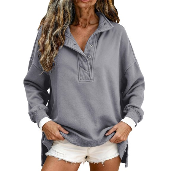 Mock Neck Sweatshirt for Women Oversized Casual Button Henley Neck Pullover Tops