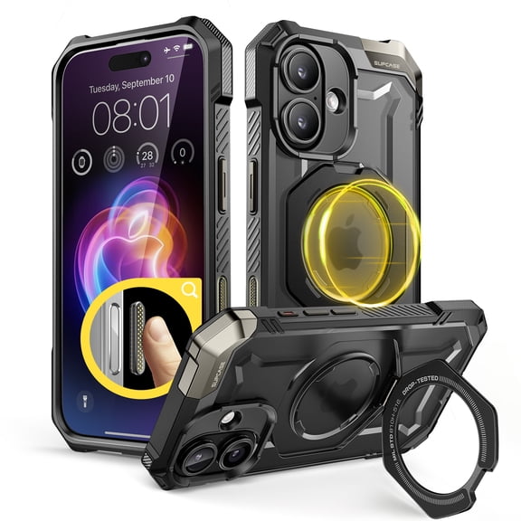 SUPCASE for iPhone 16 Case with Camera Control Capture Button (Unicorn Beetle Grip), [Compatible with MagSafe] Heavy Duty Rugged Magnetic Stand Phone Case for iPhone 16 6.1'' 2024, Black