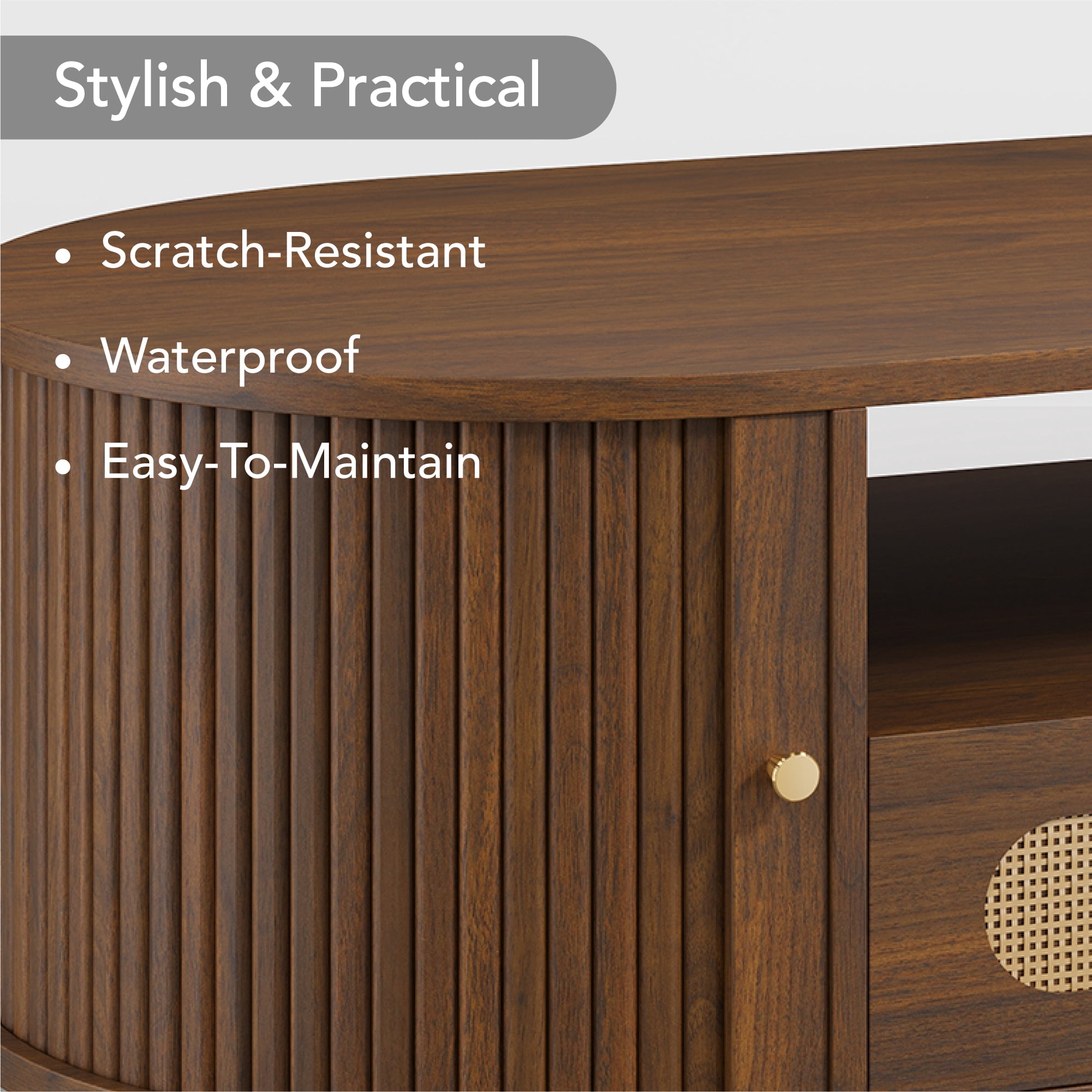 Spruce & Spring 47.2" Mid-Century Modern Rattan Coffee Table with Sliding Doors and Open Storage, Oval Center Table with Rattan Drawer, Solid Wood Legs for Living Room, Walnut