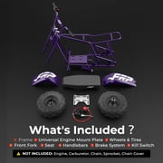 FRP GMB100 Mini Bike Upgraded Frame Roller Frame, No Engine—Tires, Hydraulic Brake, Seat, Fuel System & Wiring, DIY Bolt-On 79/98/196/212/225cc – Purple