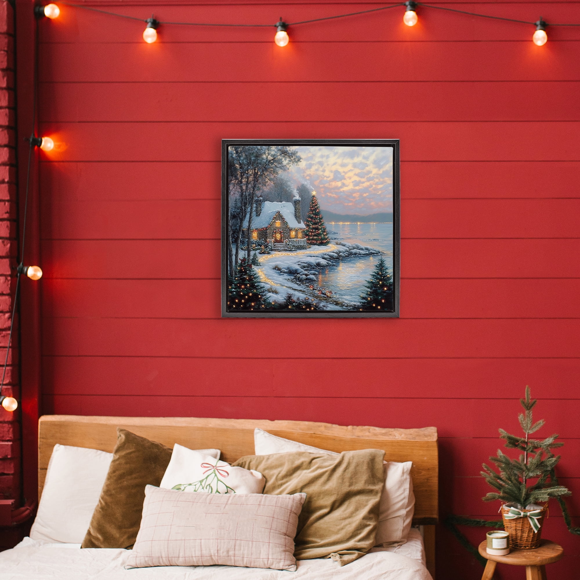 Stupell Industries Snowy Lit Cottage by Lake Black Framed Floater Canvas Wall Art, design by Heidi Kuntz
