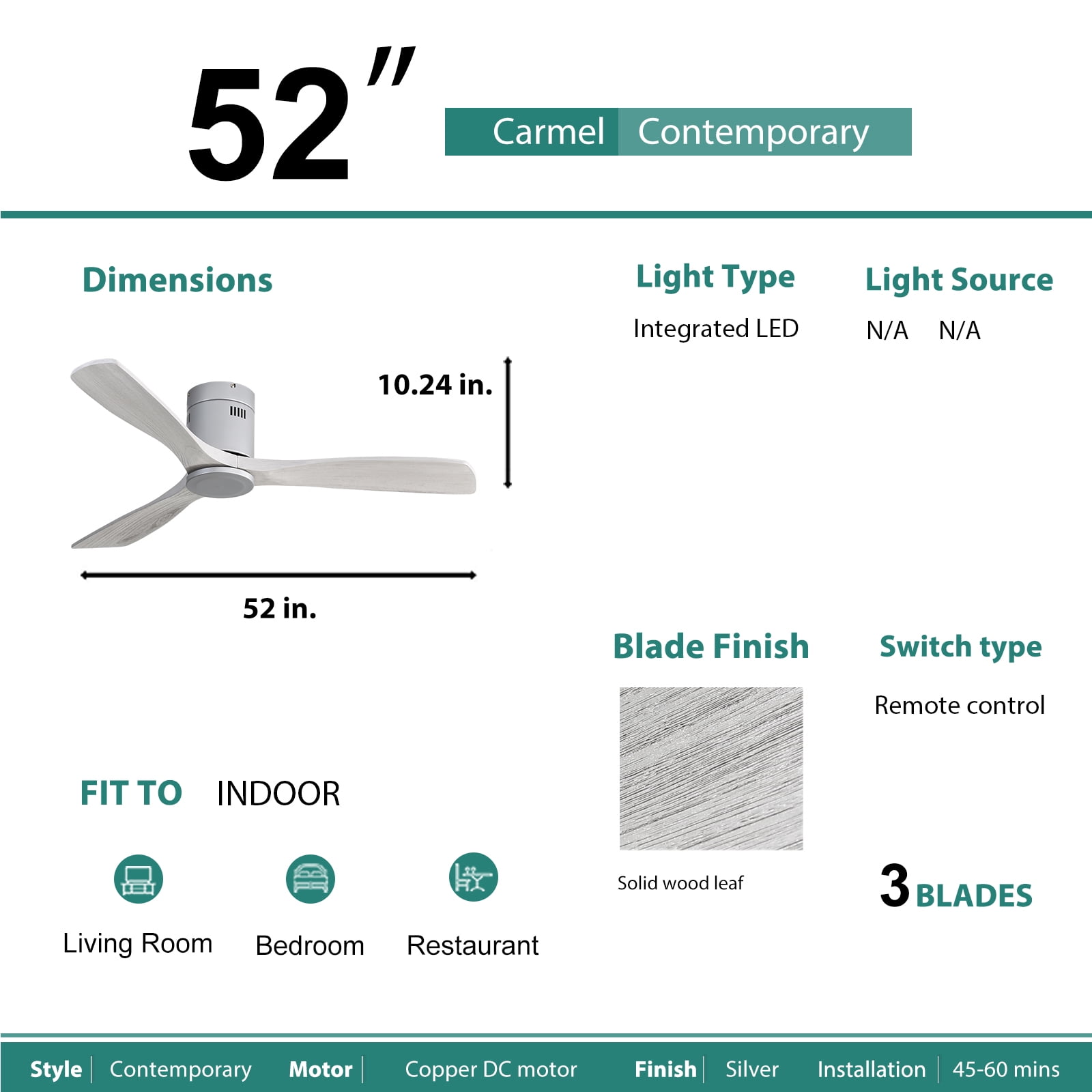 Sofucor 52 Inch Ceiling Fan Without Lights Flush Mount Ceiling Fan with Remote Control, Wood Blades , Silver