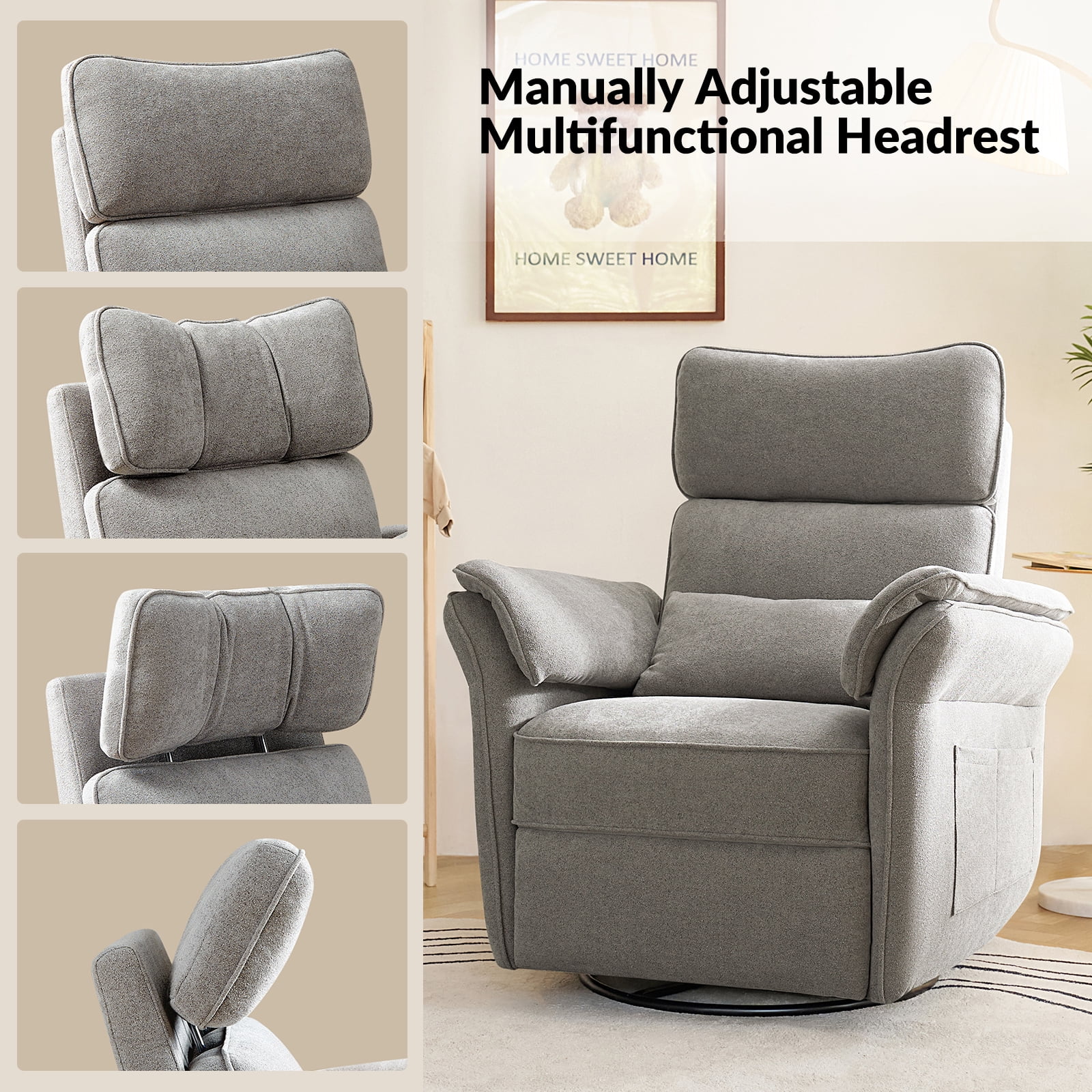 Nursery Recliner Chair Electric Power Glider Swivel Rocking with USB, Waterproof Stain-resistant, Gray