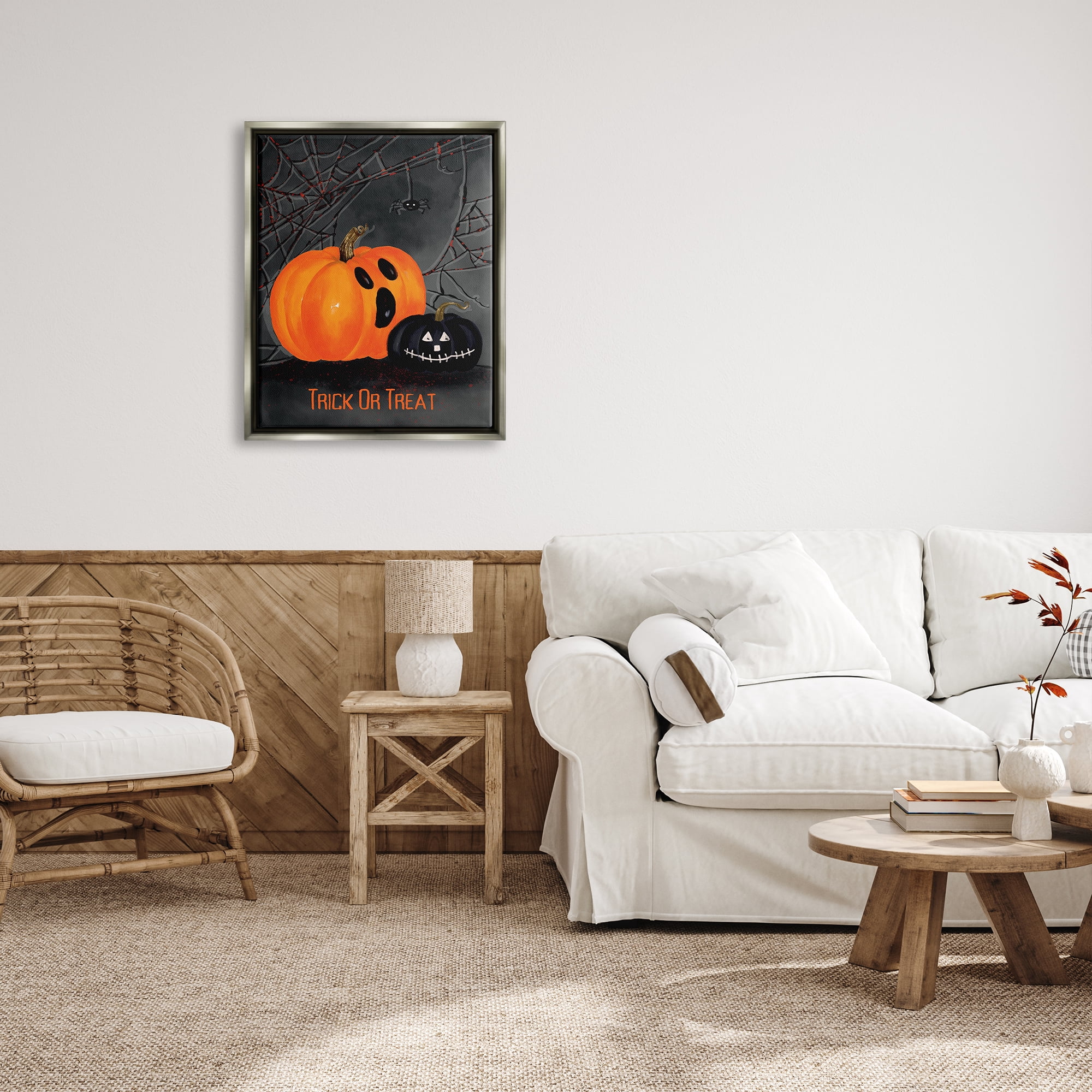 Stupell Industries Jack-o-Lantern Phrase Holiday Painting Gray Floater Framed Art Print Wall Art, 25 x 31