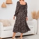 thumbnail image 4 of Vestido largo de mujer Vestido fruncido con cuello cuadrado Vestido de manga larga con estampado floral Vestido con dobladillo con volantes Negro M, 4 of 6