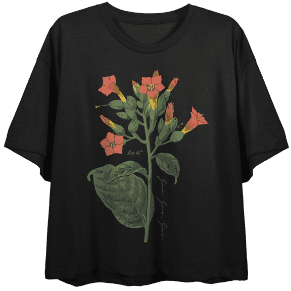 Vintage Botanical Cigar Plant Crew Neck Short Sleeve Women's Black Crop T-shirt-XS