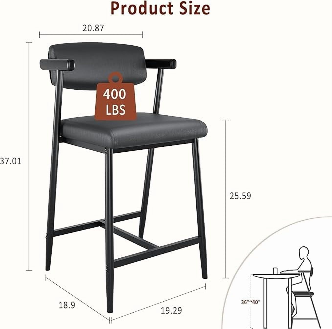 26'' Bar Stools Set of 4, Modern Counter Height Bar Stools with Arms & Backs, Kitchen Island Chairs, Leather Upholstered Barstools with Durable Rustic Black Metal Frame/Black Leather