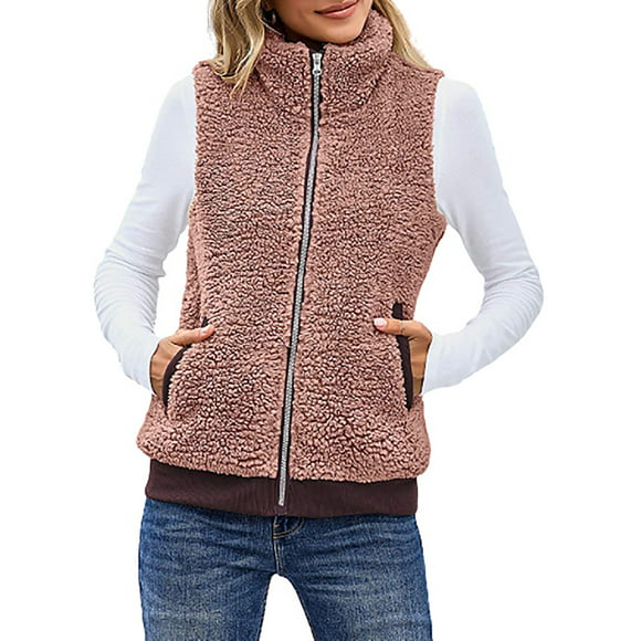 jovati Light Jacket Women Women Fashion Solid Zippers Pocket Color Jacket Plush Sleeveless Lapel Vest Loose Coat