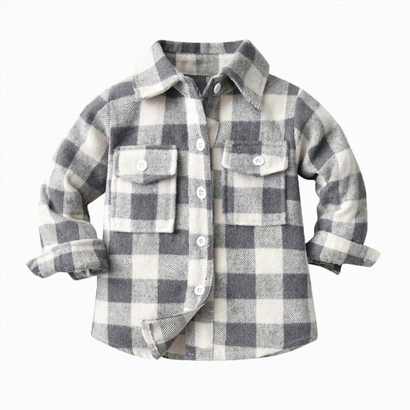 Splozh Toddler Kids Boys Girls Flannel Plaid Shirt Jacket Long Sleeve Lapel Button Down Pocketed Shirts Casual Fall Coat Toddler Fall Clothes,Grey,6-7 Years