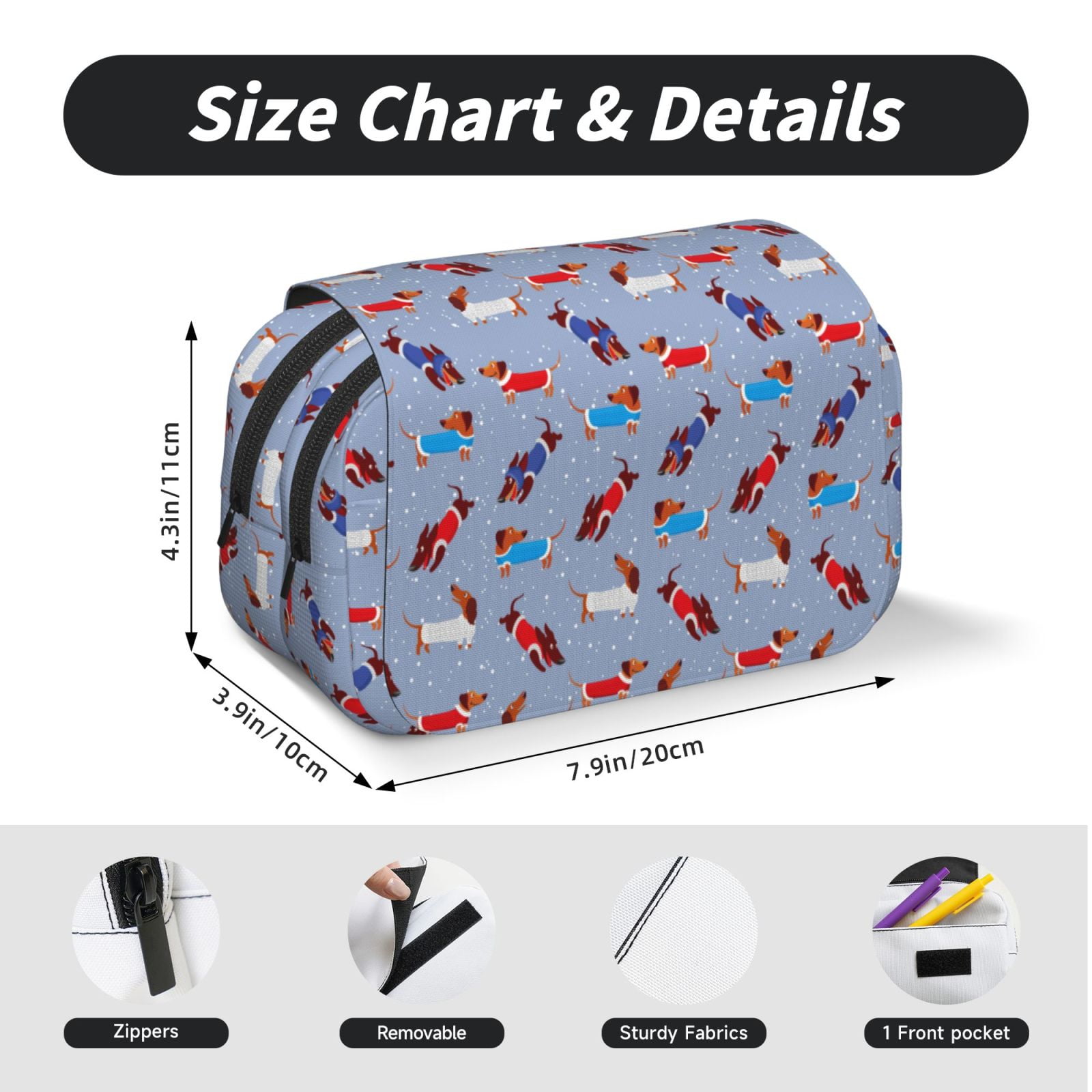 Rateoe winter Dachshund Pattern Double Clamshell Pen Case, Storage Organizer with Two Zipper Compartments– Holds Up to 50 Pencils & Pens