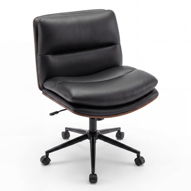 Gymax Armless Office Chair w/Wheels Curved Backrest Padded Seat Smooth Faux Leather Black