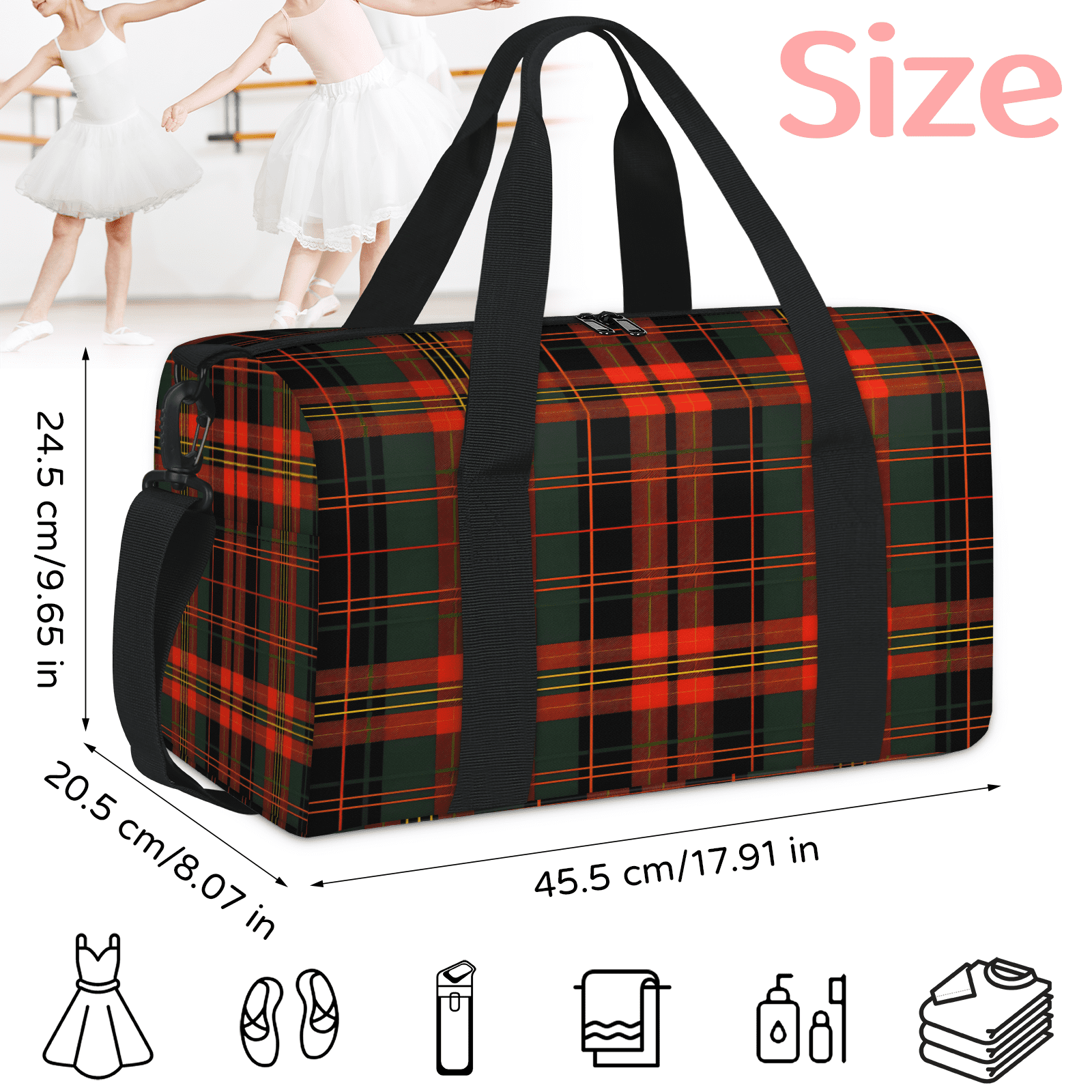 Herdesigns Christmas Plaid Red And Green Travel Duffle Bag Sports Yoga Weekender Overnight Carry on Workout Bags Lightweight Waterproof Gym Tote Bag for Women