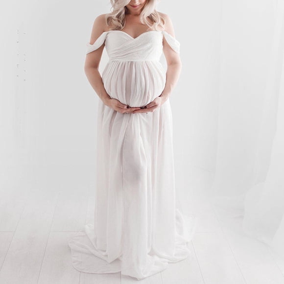 CHUANK Clearance Maternity Cotton Clothes for Women Off Shoulder Pregnants Sexy Photography Ruffled Nursing Long Dress Pregnancy