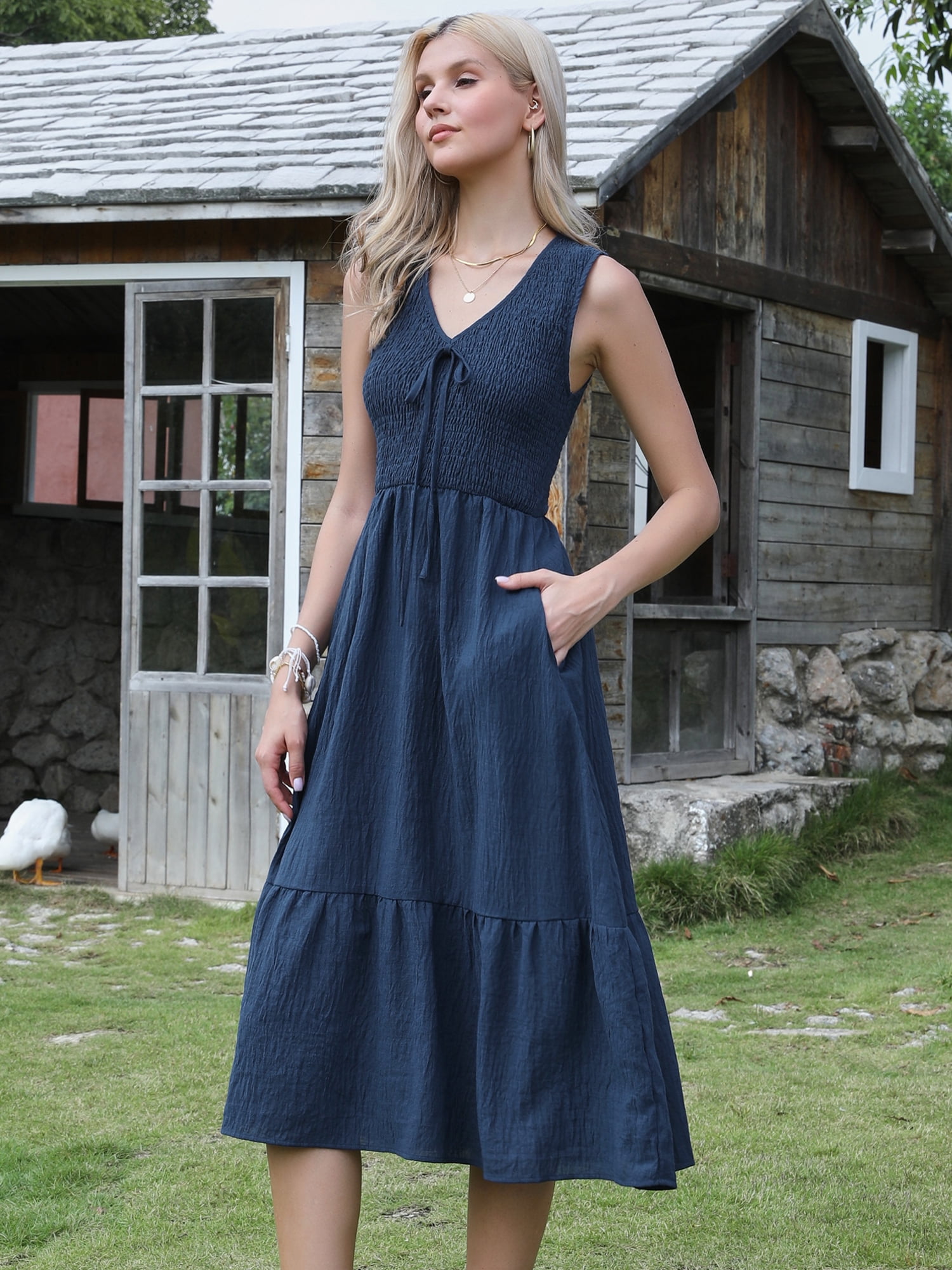 DARING DIVA Women's V Neck Bow Tie Smocked A Line Tiered Sleeveless Midi Dresses M Blue