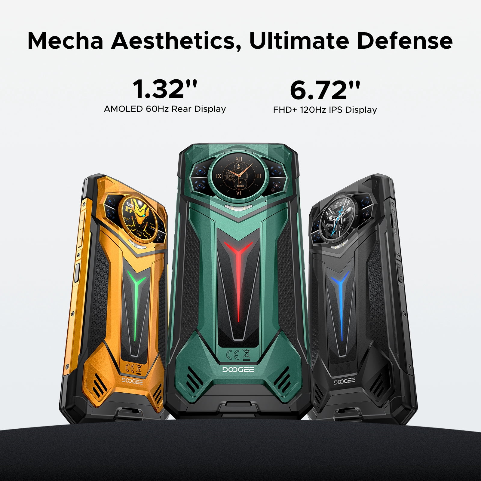 DOOGEE S200 Ultra Rugged Smartphone 5G, 48(12+36)GB+1 TB, 1.32"AMOLED Rear Display, 6.72" FHD&120Hz, 4nm D7400 Android 15, 11000mAh/66W, 100MP+20MP Night vision, Light Effect,Face ID/BT5.4/WiFi6E/NFC